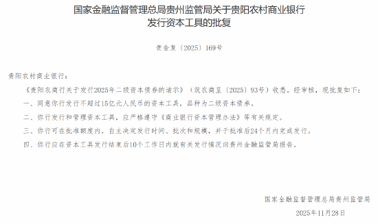 贵阳农商行获批发行不超过15亿元人民币的资本工具 品种为二级资本债券