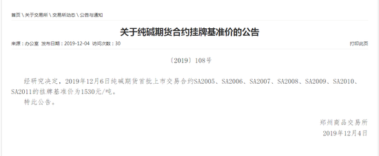 郑商所：纯碱期货合约挂牌基准价为1530元/吨