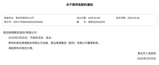 青岛啤酒股份有限公司总裁樊伟被免职