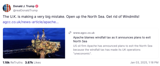 特朗普抨击英国在北海能源政策上的“巨大错误” 第1张 特朗普抨击英国在北海能源政策上的“巨大错误” 第1张