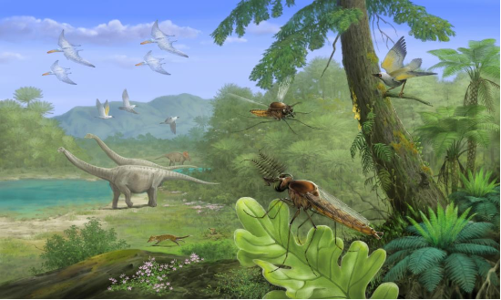 围着恐龙嗡嗡叫的中间型黎巴嫩蚊复原图 孙捷绘(来源:南京古生物所)