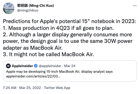 郭明錤：苹果15英寸MacBook Air机型预计2023年Q4量产