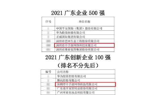 “中手游入选2021“广东企业500强”、“广东创新企业100强”两项名单
