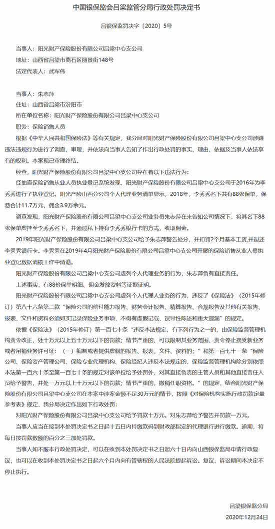 阳光财险吕梁中支被罚10万：虚列个人代理人业务