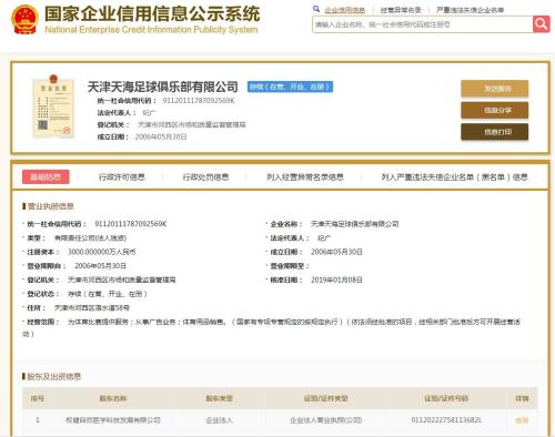 中超权健俱乐部更名天津天海 股东信息未变仍