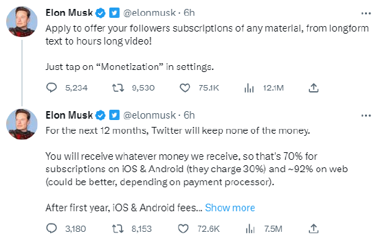 马斯克宣布推特将上线付费订阅：含长文本和长视频，不对创作者额外抽成