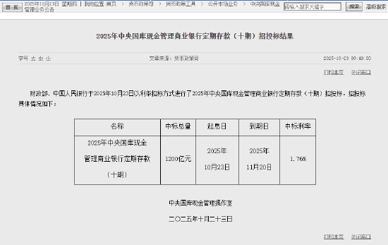 2025年中央国库现金管理商业银行定期存款（十期）招投标结果公布：中标总量1200亿元，中标利率1.76%