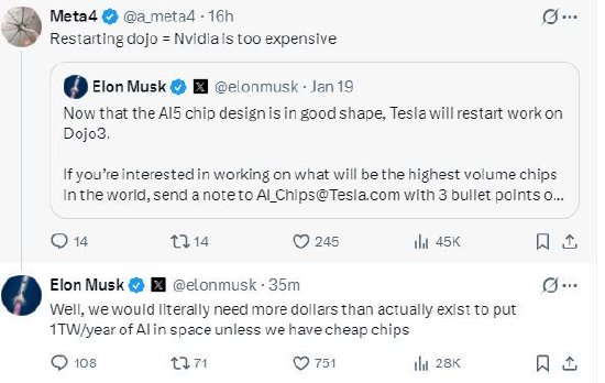 马斯克回应重启Dojo是因英伟达太贵：需要便宜的芯片，以实现每年在太空部署1太瓦AI