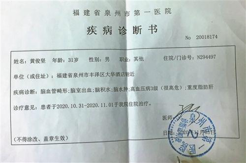 新闻频道 社会 > 正文  疾病诊断书    快递员脑出血抢救无效死亡