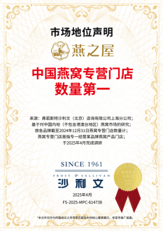 　　燕之屋获得连续九年高端燕窝全国销售第一地位认证（左）、燕之屋获得中国专营门店数量第一地位认证（右）