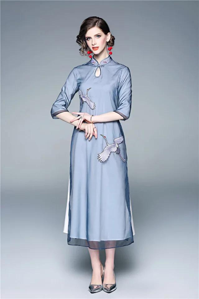 不一样的古风装,欧根纱飞鹤刺绣旗袍!
