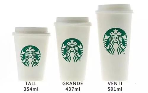但星巴克杯型的用词有些不同:tall→中杯,grande→大杯,venti→超大杯