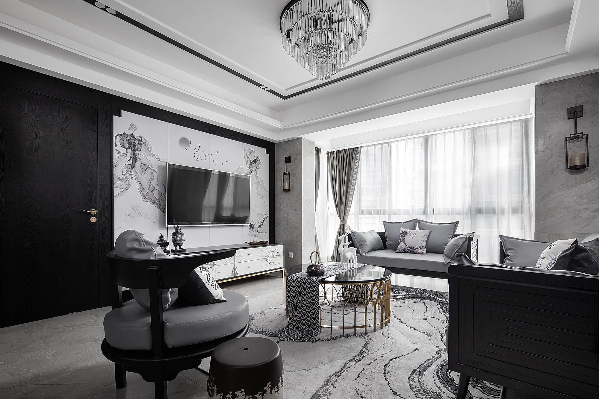130㎡新中式风格,高级黑白灰,客厅和卧室设计真是让人目瞪口呆