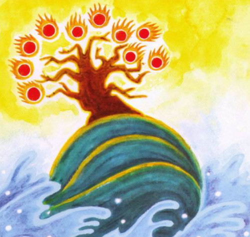 中央"建木"和西方"若木"等神树,扶桑树上有十个太阳,九个在下,一个在