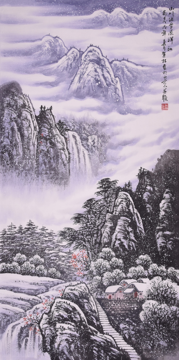 画家贺林雪景山水画:瑞雪祥和,山村宁静