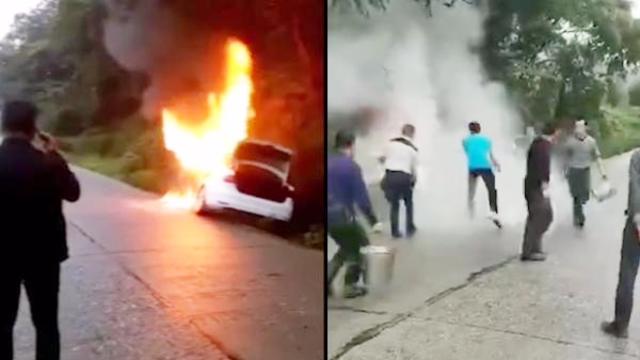 小车自燃 女子跳车逃生忘开车锁致丈夫两孩子身亡