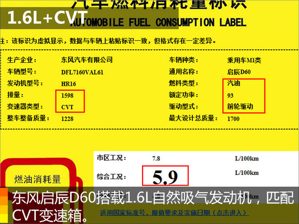 东风启辰D60参配曝光 搭1.6L/动力超大众朗逸-图1