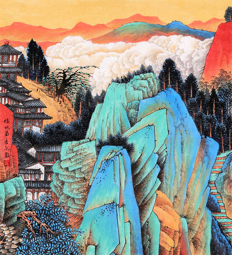 许吉尔新品力作斗方山水画《福地图》许吉尔老师的工笔重彩山水画