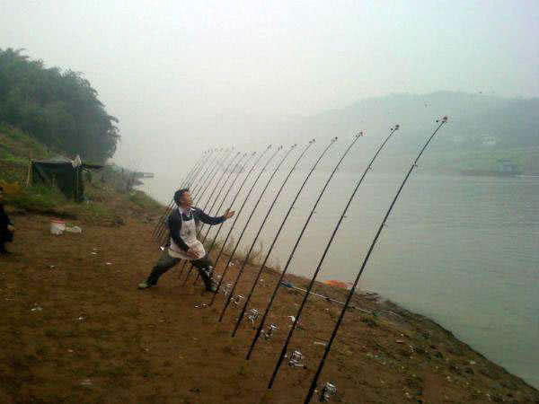 疯狂的钓鱼人,用上百支鱼竿摆成"海竿阵"