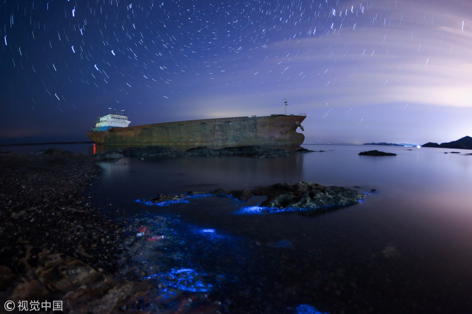 大连频现荧光海景观开启蓝色梦幻模式
