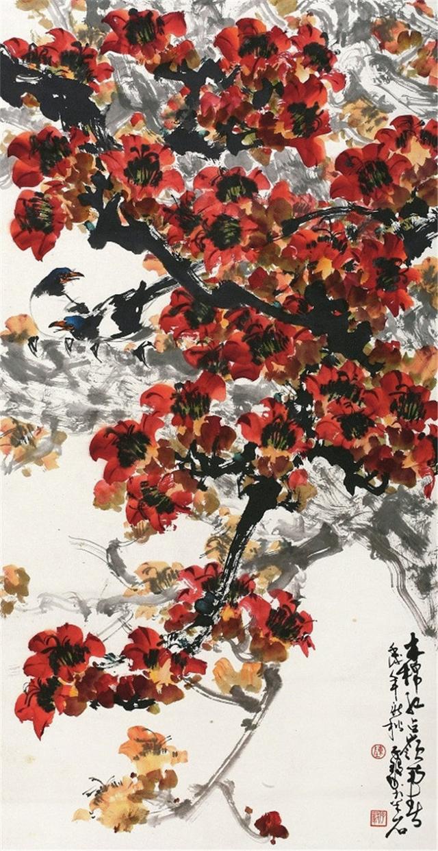 红棉喜鹊花桥春晓广东陈子毅作品赏析