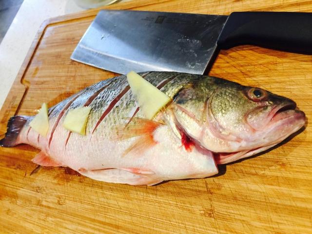 (2)生姜切丝,葱切花和切段,红椒切斜片装饰用;鲈鱼两面打上花刀