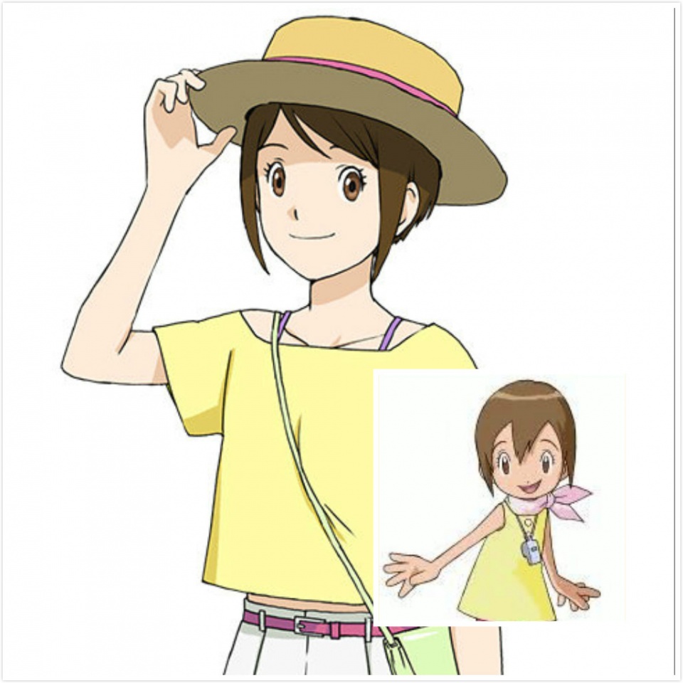 嘉儿是八神太一的妹妹,她的拍档是迪路兽,徽章代表的是光明.