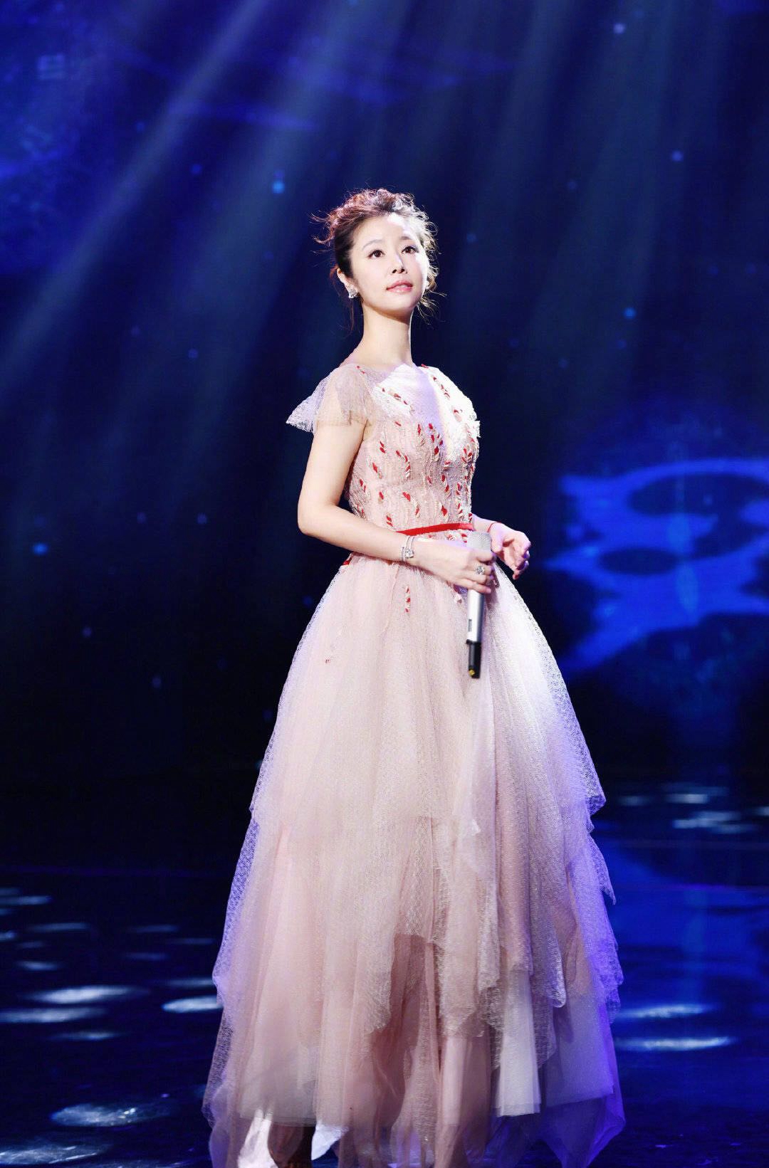 林心如的春晚造型太美了薄纱裙搭丸子头哪像43岁辣妈