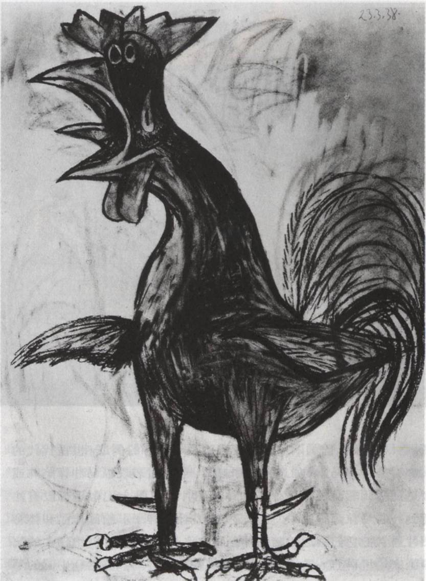 图2但是在画一只小公鸡时(图2),毕加索就不满足于仅仅描摹出一只鸡的