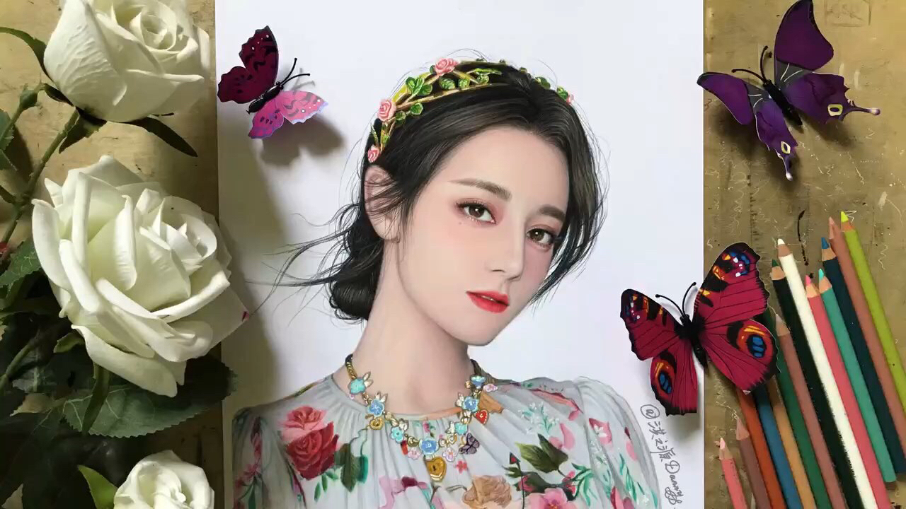 彩铅示范作品@dear-迪丽热巴 是否有种"春风拂面