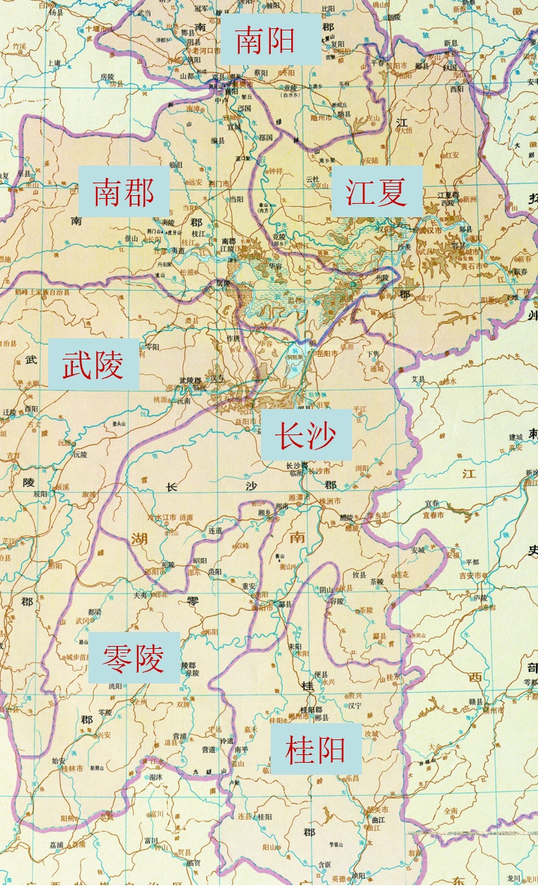 荆州七郡形势图赤壁战后,孙刘联军进逼江陵(南郡治所),与曹仁统帅的