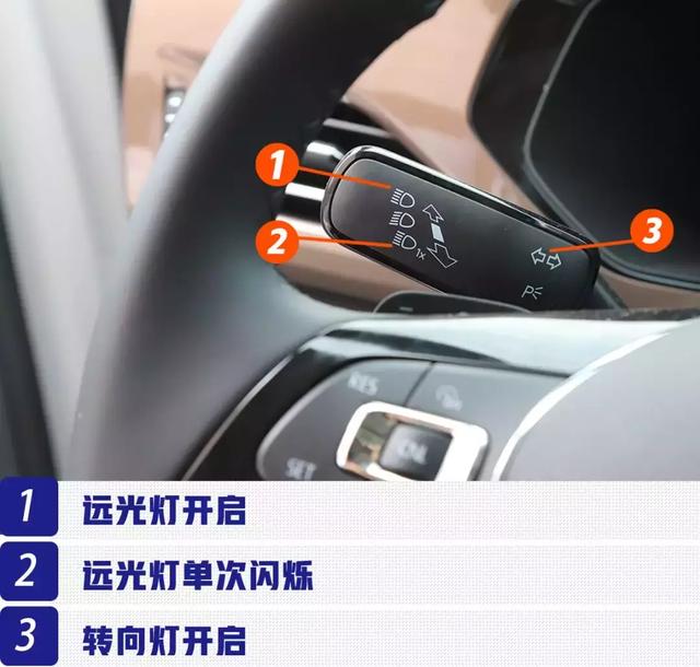 此拨杆前后拨动可以操控远光灯的开闭,上下拨动可以开启右,左转向灯.