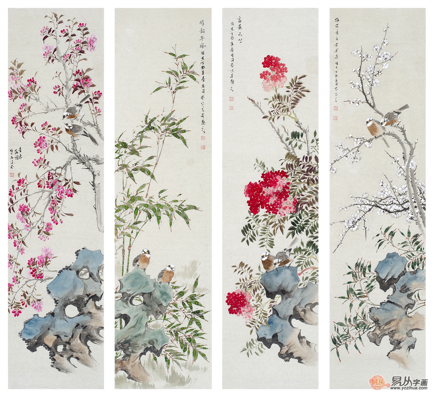 花鸟画四条屏 挂在客厅瞬间逼格满满