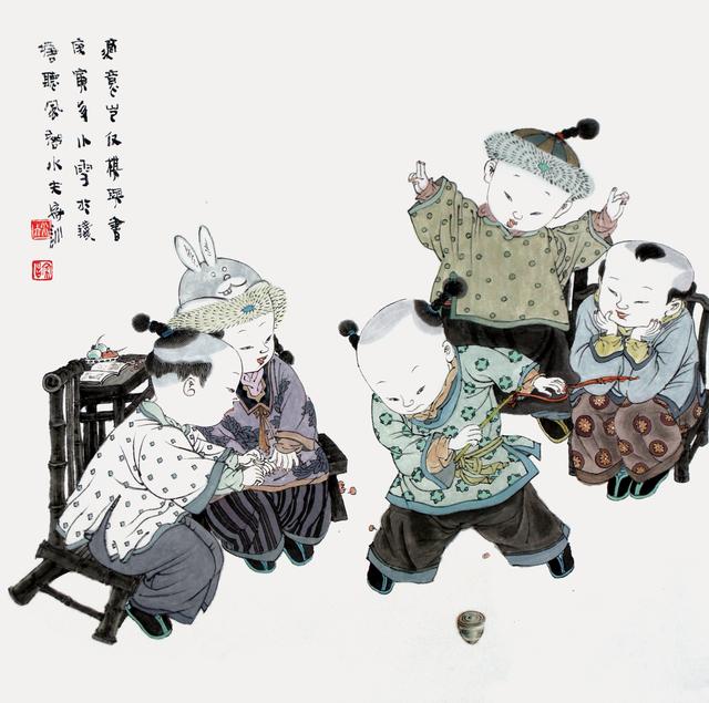 王家训国画童子图,给人一份心灵归属这些不仅是儿童嬉闹,天真童趣,也