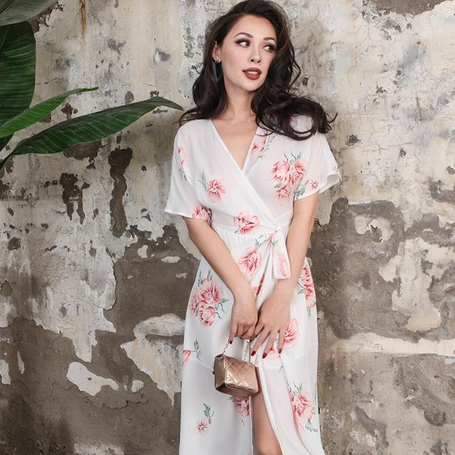 时装搭配·ifashion|夏日清凉印花雪纺包裹式连衣裙·清爽干净