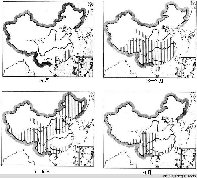 3,我国雨带的推移示意图:注图中阴影与非阴影的分