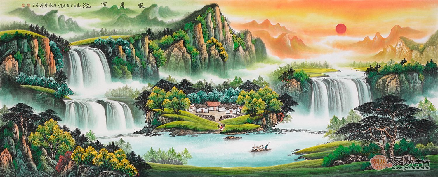 作品来源:易从网客厅装饰挂画:画面上山水相依,连绵的群山环绕着明净