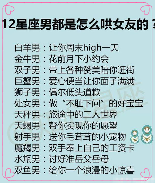 12星座男都是怎么哄女友的?12星座出门前要花多少时间?