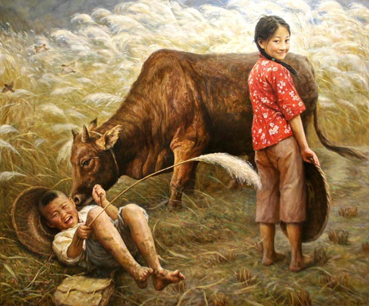 "短笛无腔信口吹",牧童在牛背上玩耍,也并不无聊,因为这个孩子拿着