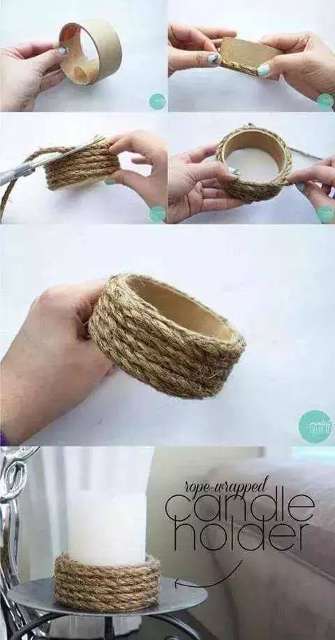 材料和工具:纸筒,粗麻绳,剪刀,热熔胶枪烛台底座材料和工具:粗麻绳,细