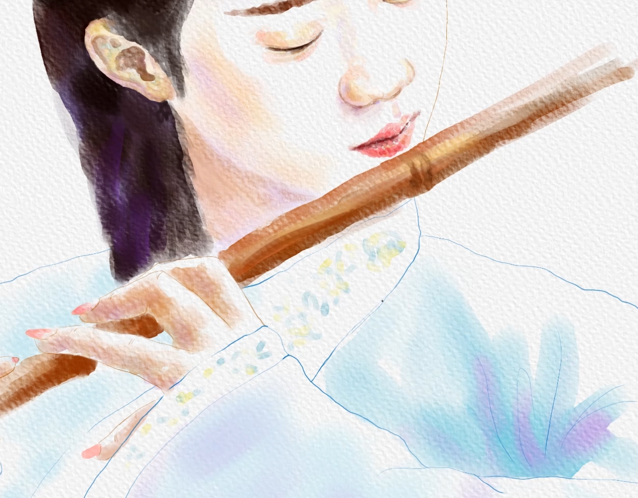 小女子吹笛子水彩画过程分享