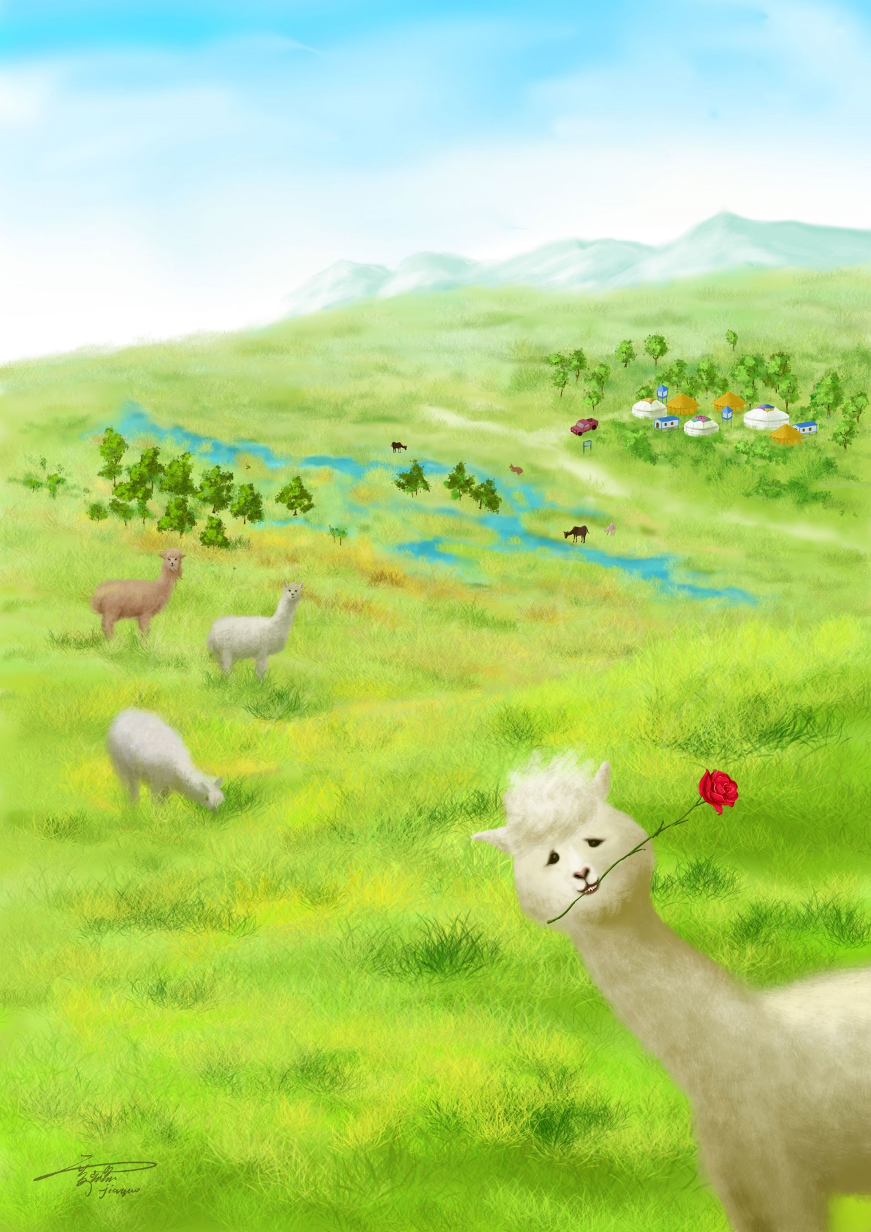 羊驼送你一支玫瑰花,手绘风景画__财经头条