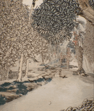 跟随飞鸟进入画中,穿过树林山间,淌过小溪河流,身临其境地感受画中