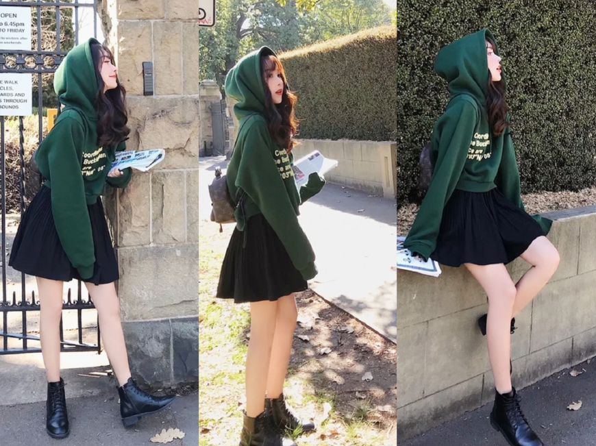 卫衣配半身裙,再搭配一双短靴,2018年初秋穿很美!