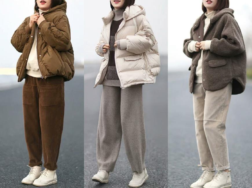 咖色羽绒服 米色卫衣 咖色萝卜裤冬天最喜欢加绒的卫衣搭配毛呢裤,随