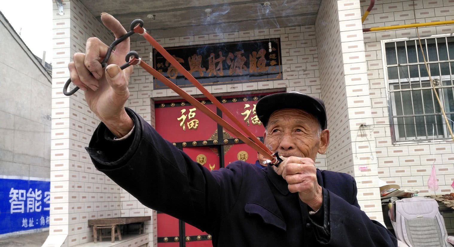 老人为了自家的食物,每天拿着弹弓守在门口,就是等候那些来的鸟