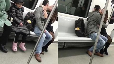 情侣地铁激情热吻,全然不顾身后未成年小女孩,网友:要亲回家亲