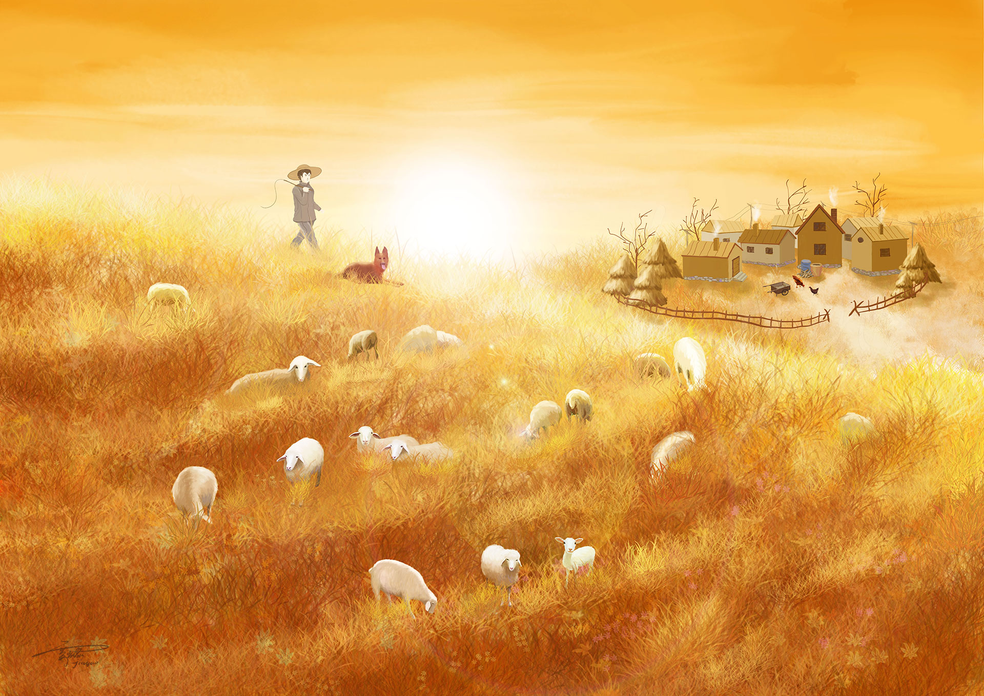 草原上的牧羊人手绘风景怎么画