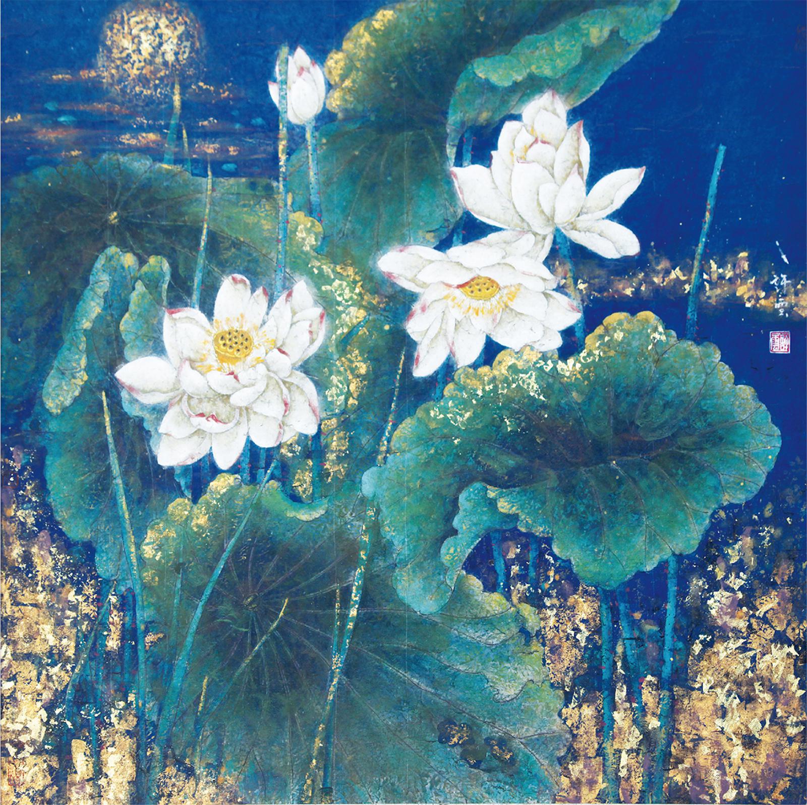 "兰棠雅集"许云重彩《荷》系列作品之《映日荷花》材质:皮纸 用色