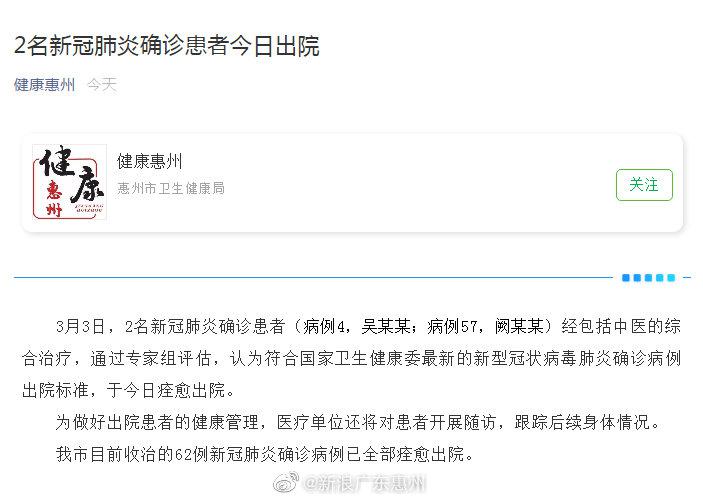 好消息！惠州新冠肺炎确诊病例全部清0